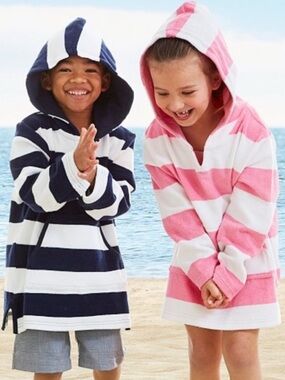 Pottery Barn Kids Pink & White Striped Hooded Terry Tunic Pullover Size 4-6
